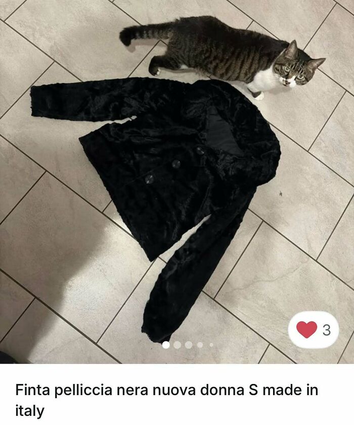Cat next to black faux fur jacket on tiled floor showing cats stealing the spotlight in Vinted ads