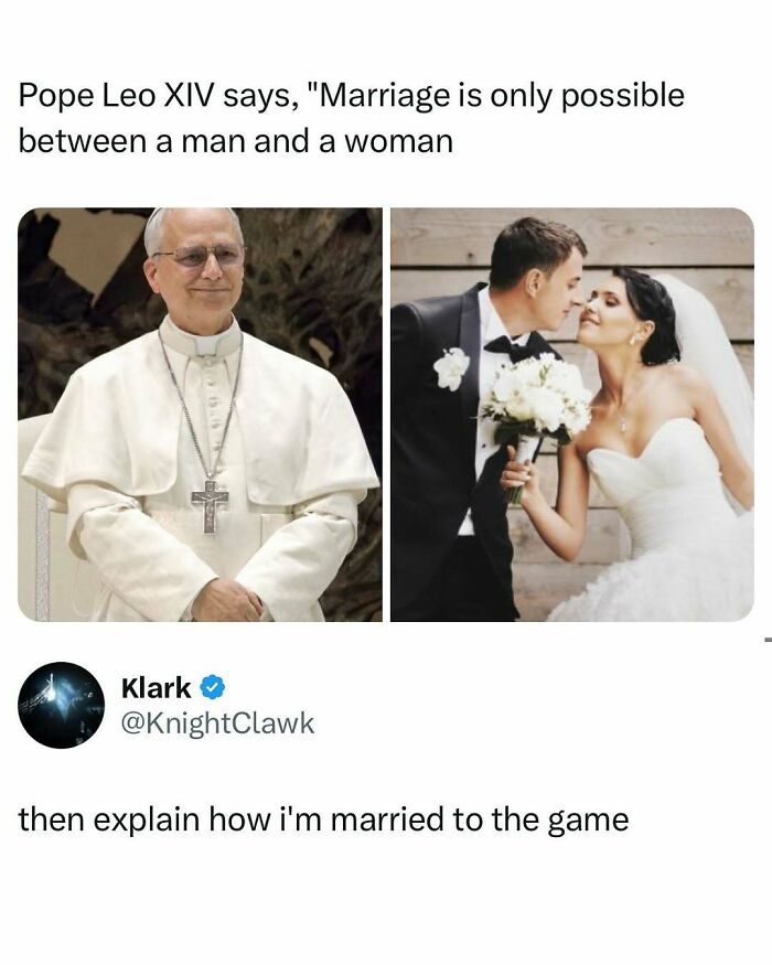 Pope Leo XIV quote about marriage with a humorous tweet challenging traditional views in entertaining posts and memes.