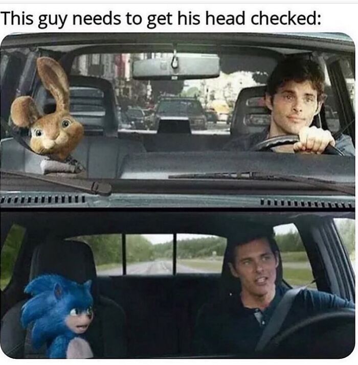 Two scenes show men driving cars with CGI animated characters, a rabbit and Sonic, creating random memes humor humorously.