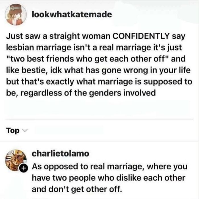 Text conversation meme discussing marriage humor, fitting the theme of funny and relatable therapy memes about relationships.