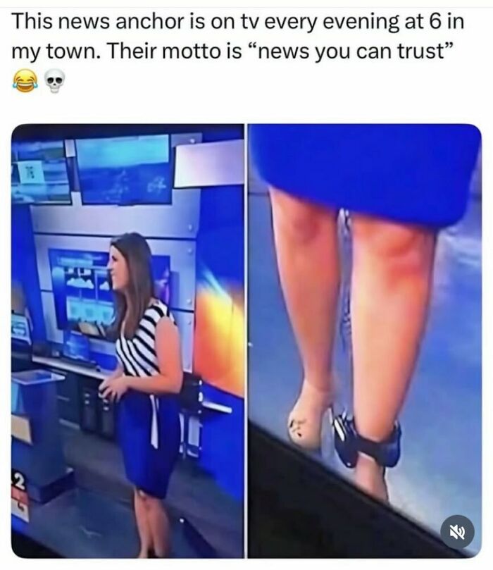 News anchor standing in a studio wearing an ankle monitor, part of random memes that had no right to be this funny.