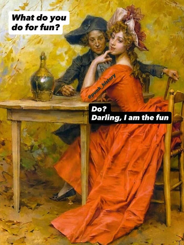 Classical art meme featuring a woman in a red dress saying she is the fun, highlighting hilarious classical art memes.