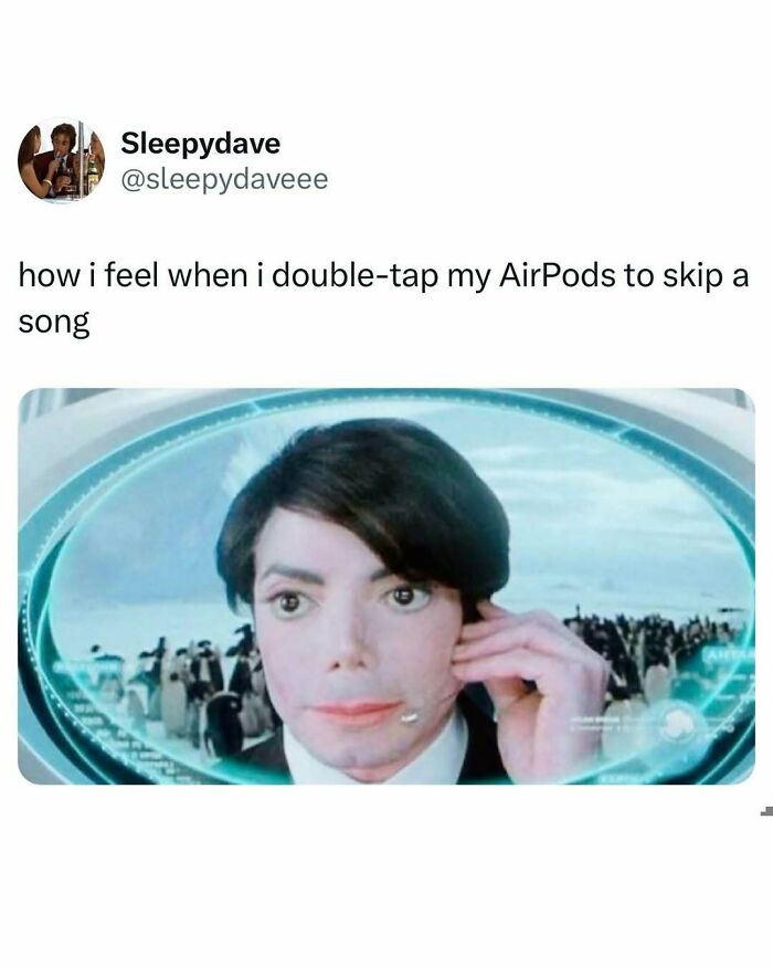 Funny meme showing a humorous reaction to double-tapping AirPods, perfect for entertaining posts and memes to fight boredom.