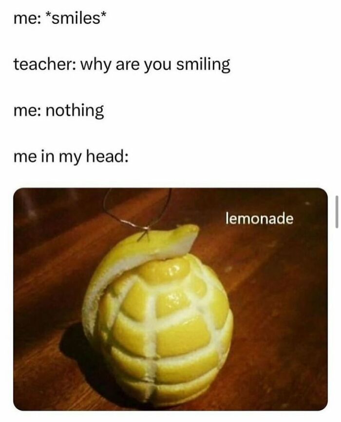 Funny meme showing a lemon carved like a g*****e labeled lemonade, illustrating random memes humor and creativity.