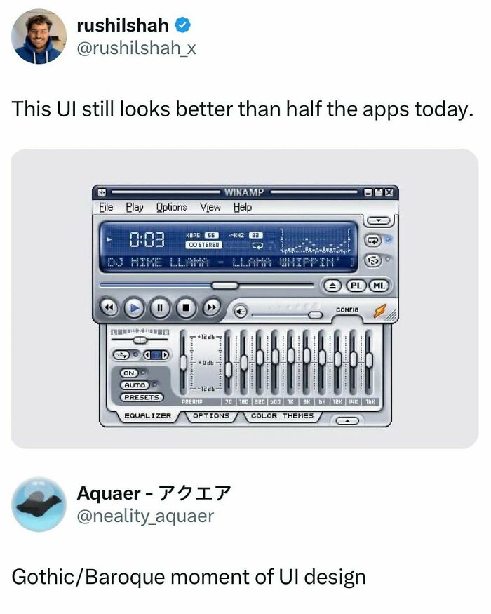 Winamp music player UI meme highlighting nostalgic design in entertaining posts and memes to help fight boredom.