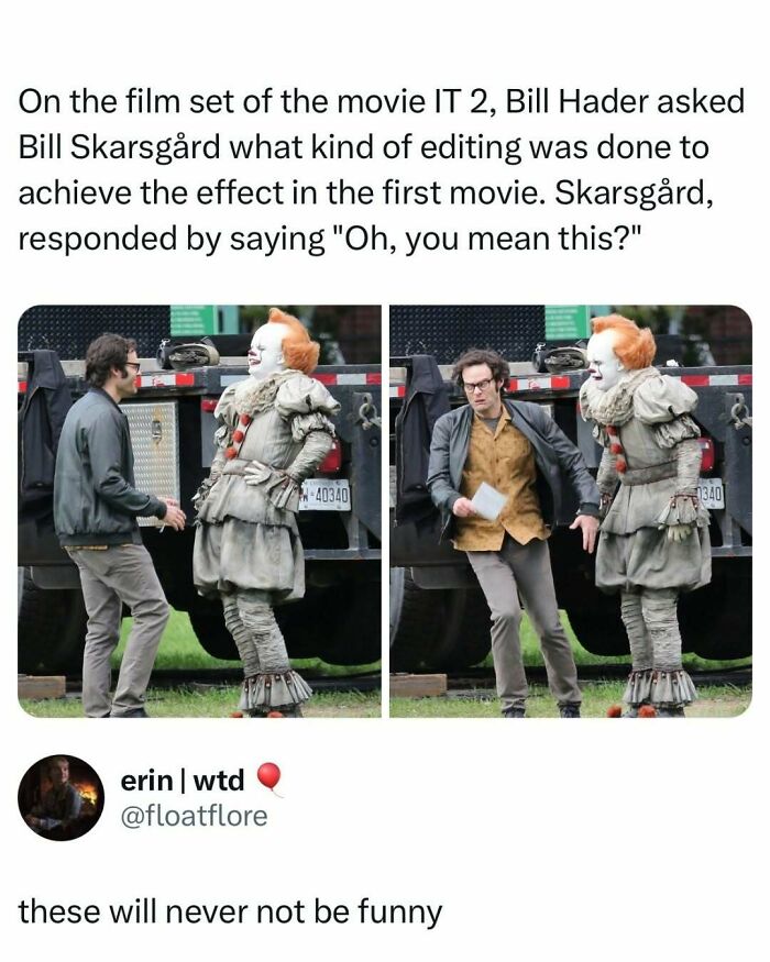 Two photos on the IT 2 movie set show Bill Skarsgård as Pennywise playfully interacting with Bill Hader, creating entertaining posts and memes.