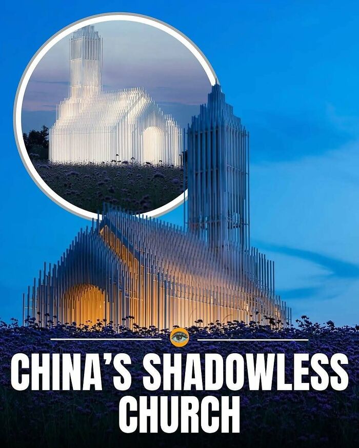 Shadowless church in China at dusk, showcasing unique architectural design without visible shadows in a blue sky setting.