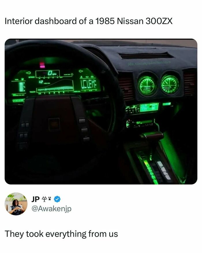 Interior dashboard of a 1985 Nissan 300ZX lit up in green, featured in entertaining posts and memes to fight boredom.