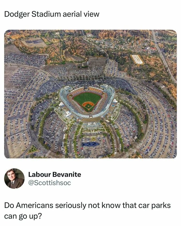 Aerial view of Dodger Stadium and surrounding multi-level car parks featured in entertaining posts and memes to fight boredom.