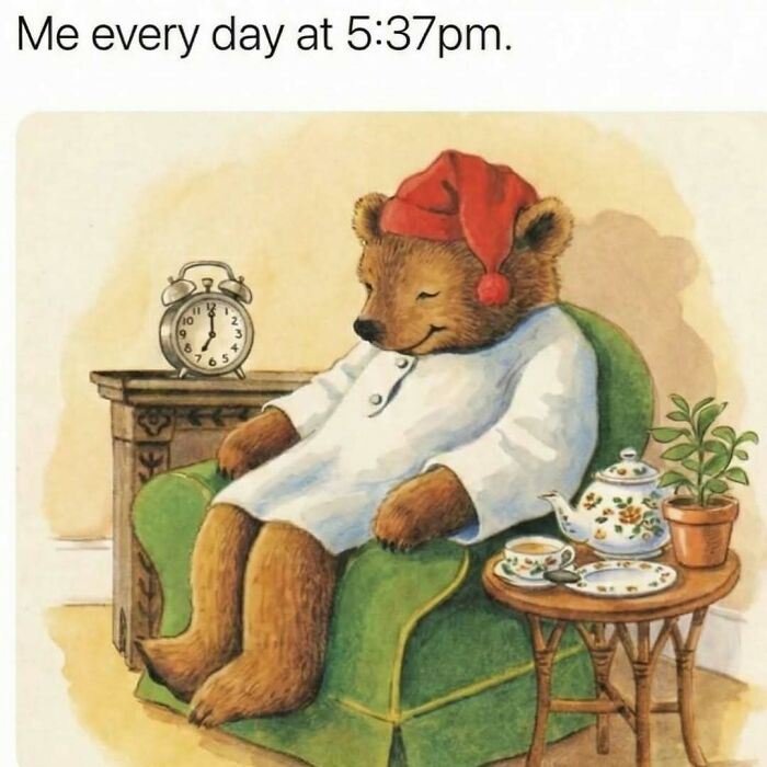 Bear in pajamas and a red nightcap sleeping in an armchair at 5:37pm, a funny meme to distract you from avoiding tasks.