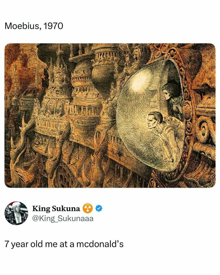 Surreal detailed drawing of two people in a futuristic pod exploring an intricate fantasy landscape, entertaining posts and memes.