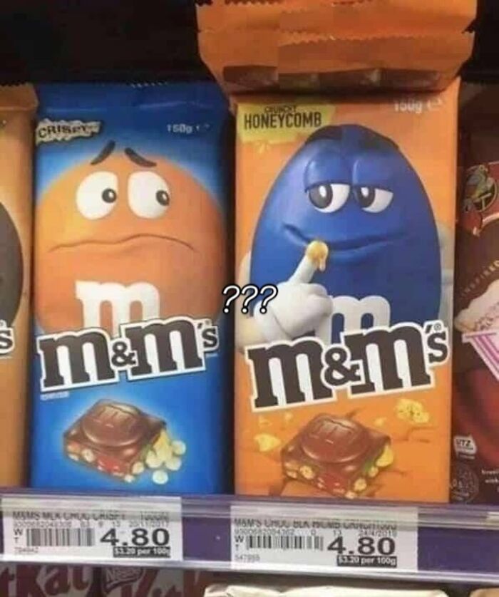 Orange and blue M&M's chocolate bars with confused expressions, illustrating random and bizarre memes humor.
