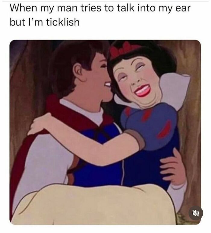 Snow White laughing awkwardly while a man whispers into her ear, a humorous random meme about being ticklish.