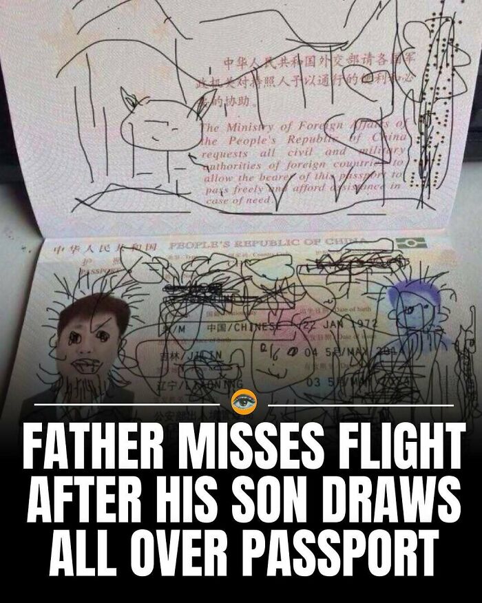 Passport covered in child’s drawings causing father to miss flight, showcasing lighthearted facts and pics humor.