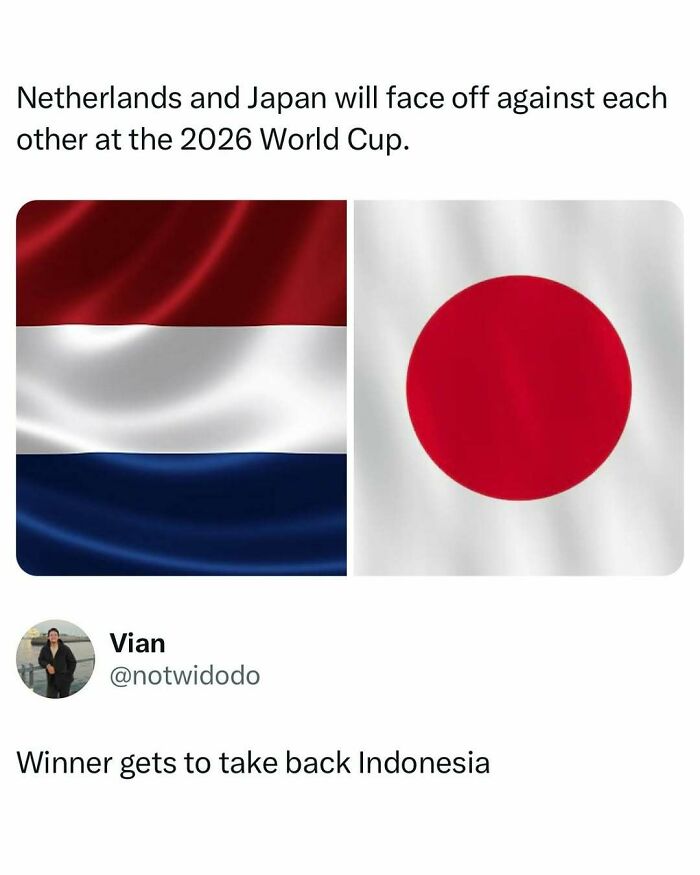Meme about Netherlands and Japan facing off in 2026 World Cup, shared in entertaining posts and memes to fight boredom.