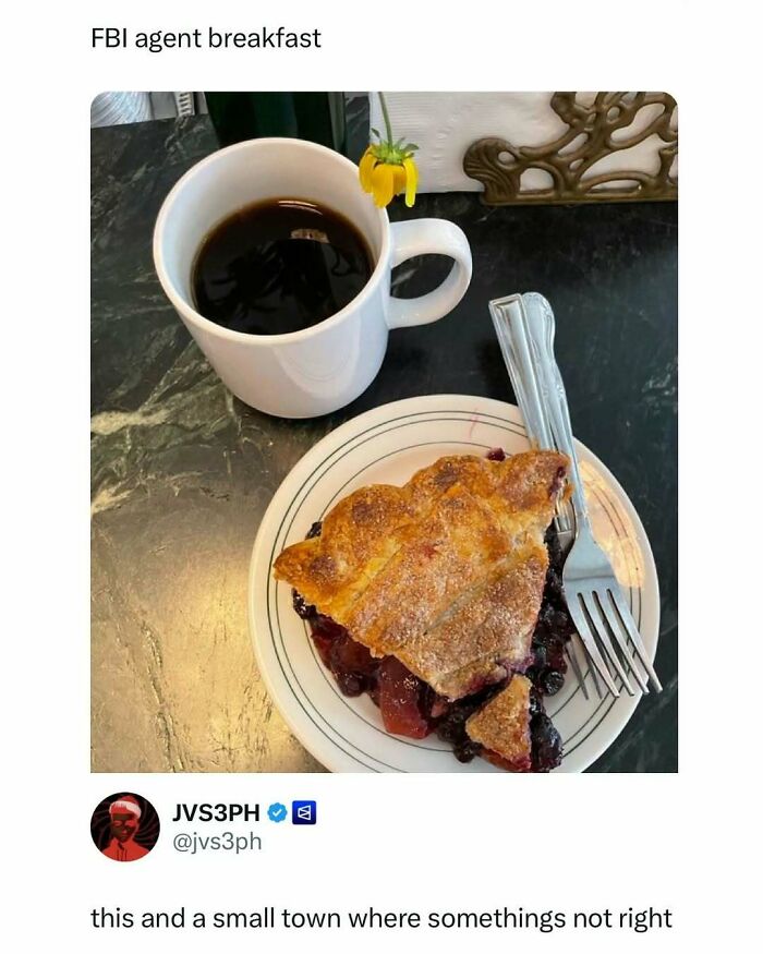 Slice of pie and a cup of coffee on a table, a humorous meme to help fight boredom and entertain viewers.