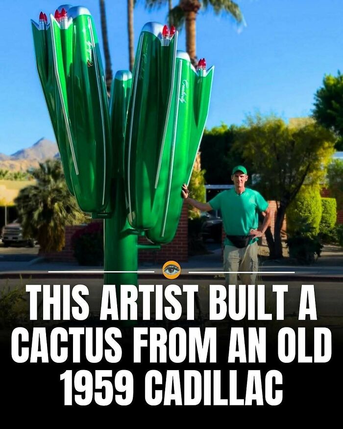 Man in green shirt and cap standing next to a large green cactus sculpture made from a 1959 Cadillac body parts.