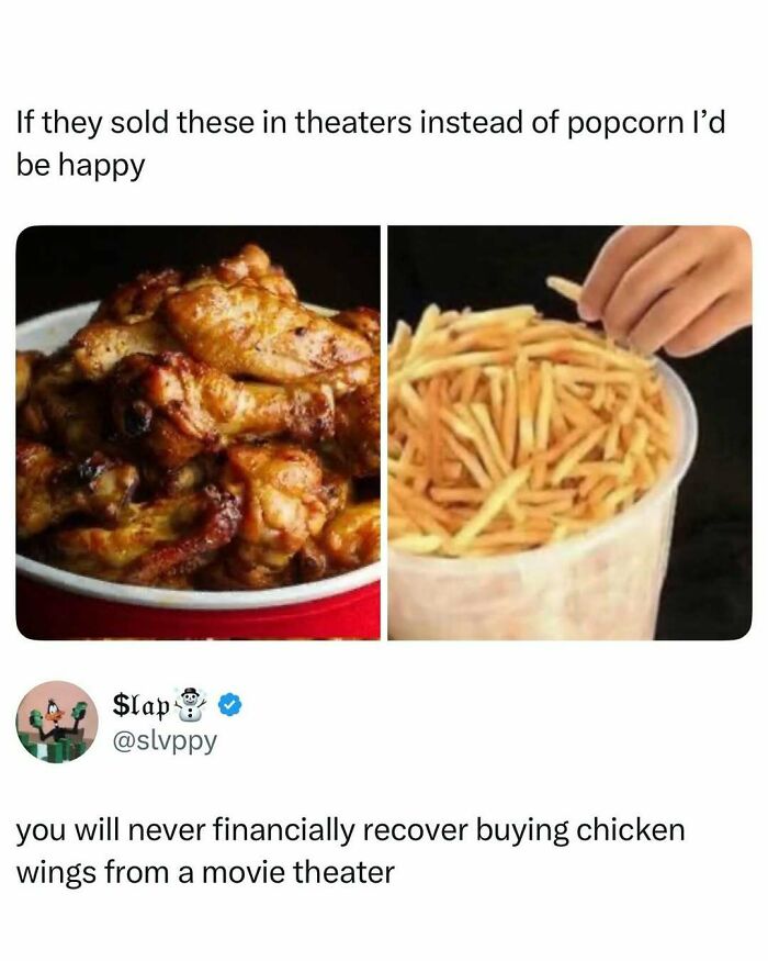 Memes and entertaining posts about enjoying chicken wings instead of popcorn to fight boredom at the movie theater.