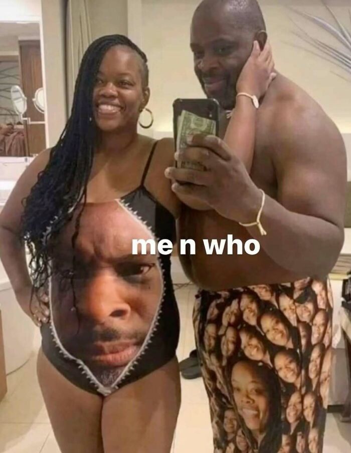 Couple taking a mirror selfie wearing matching random and bizarre memes printed swimsuit and shorts.