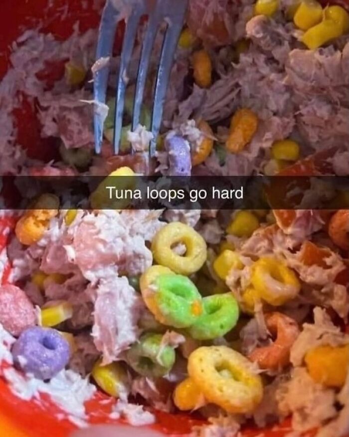 Close-up of a bowl with tuna mixed with colorful cereal loops, highlighting random and bizarre memes with unusual food combinations.