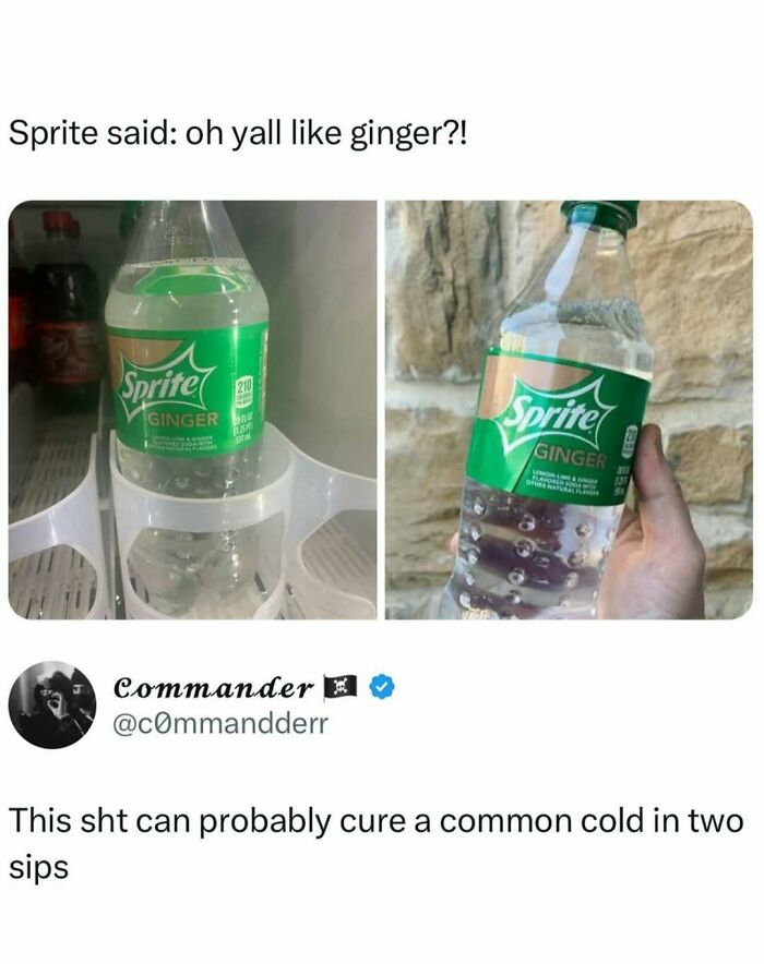 Sprite Ginger soda bottle held in hand with caption about its cold-curing effect in entertaining posts and memes to fight boredom.