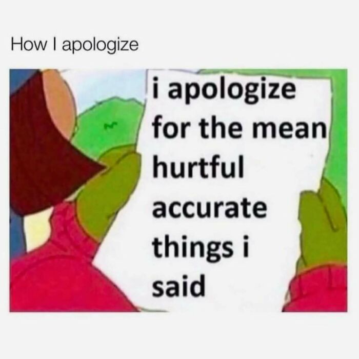 Cartoon character holding a paper with a funny apology text, part of funny memes to distract you from avoiding tasks.