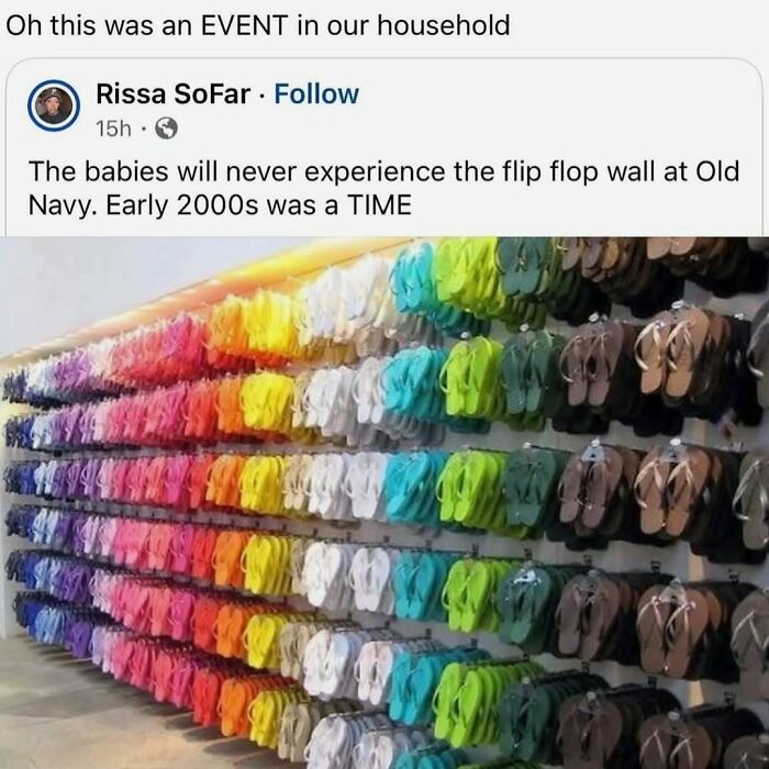 Wall display of colorful flip flops with a funny meme caption, part of 97 funny memes to distract you from stress.