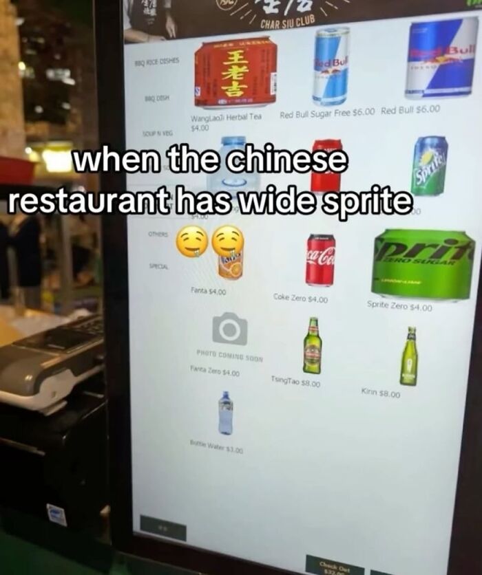 Menu screen showing various drinks including wide Sprite can, featured in random and bizarre memes.