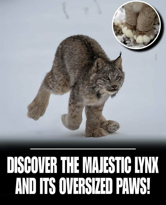 A majestic lynx walking in snow with oversized paws, showcasing one paw close-up, cute animals relieving stress and anxiety.