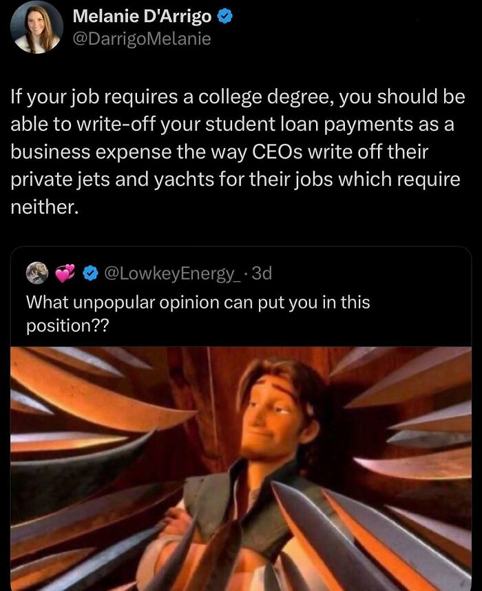 Funny meme with a confident character surrounded by knives, illustrating unpopular opinions and relatable humor to distract viewers.