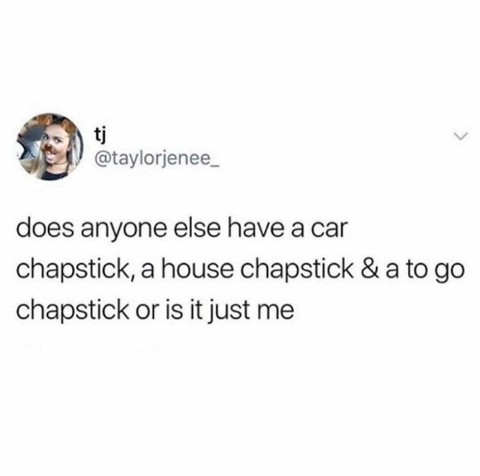 Tweet humor about having multiple chapsticks in different places, part of funny memes to distract you from work.