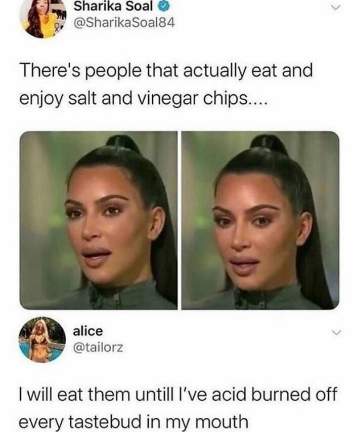 Funny meme showing a shocked reaction to people who enjoy salt and vinegar chips with humorous commentary