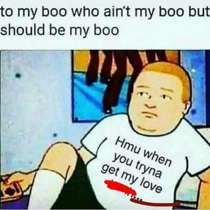 Funny meme of a cartoon character in a white shirt with a humorous text about love and relationships.