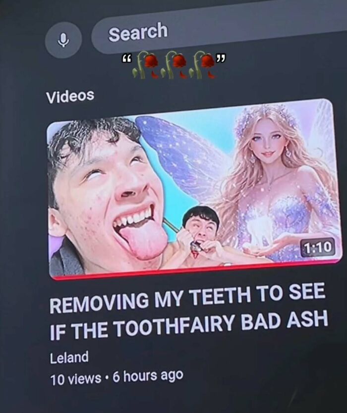 YouTube video thumbnail showing a man removing his teeth with a bizarre tooth fairy for random and bizarre memes.