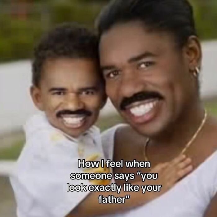 Man and child wearing identical fake mustaches in a bizarre meme about looking exactly like your father, part of random memes.