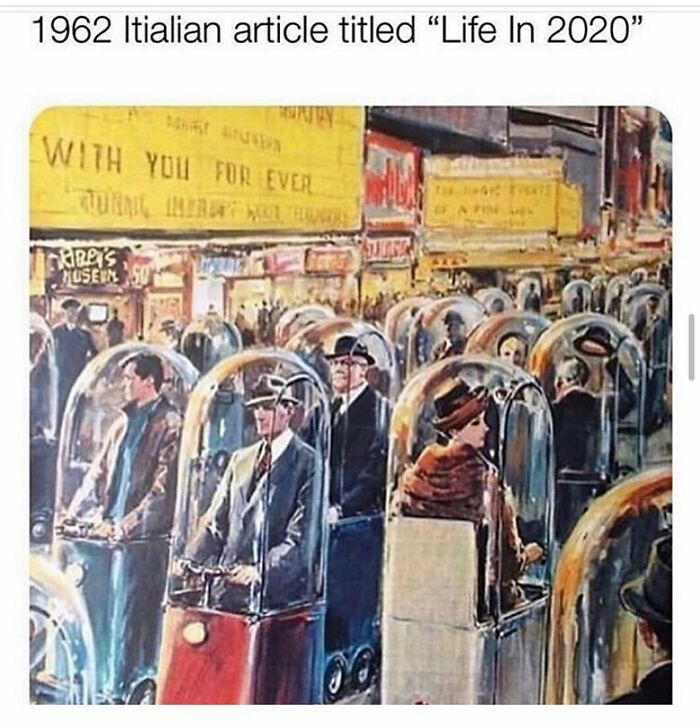 Vintage illustration from 1962 imagining life in 2020 with people in individual bubble vehicles meme humor.