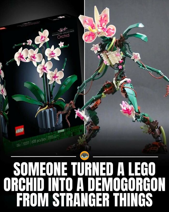 LEGO orchid model creatively transformed into a Demogorgon figure, showcasing lighthearted facts and pics creativity.