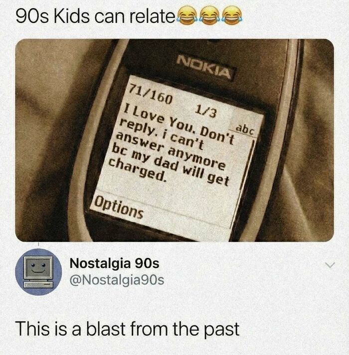 Old Nokia phone screen showing a funny 90s text message, a nostalgic meme to distract and entertain viewers.