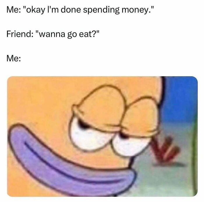 Close-up of a smirking cartoon character reacting humorously to spending money, a random meme from funny collections.