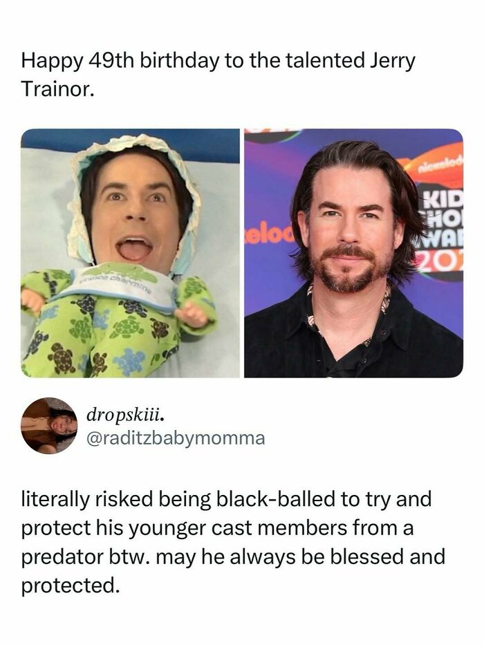 Meme showing a humorous baby photo and a current photo of Jerry Trainor, part of entertaining posts and memes.