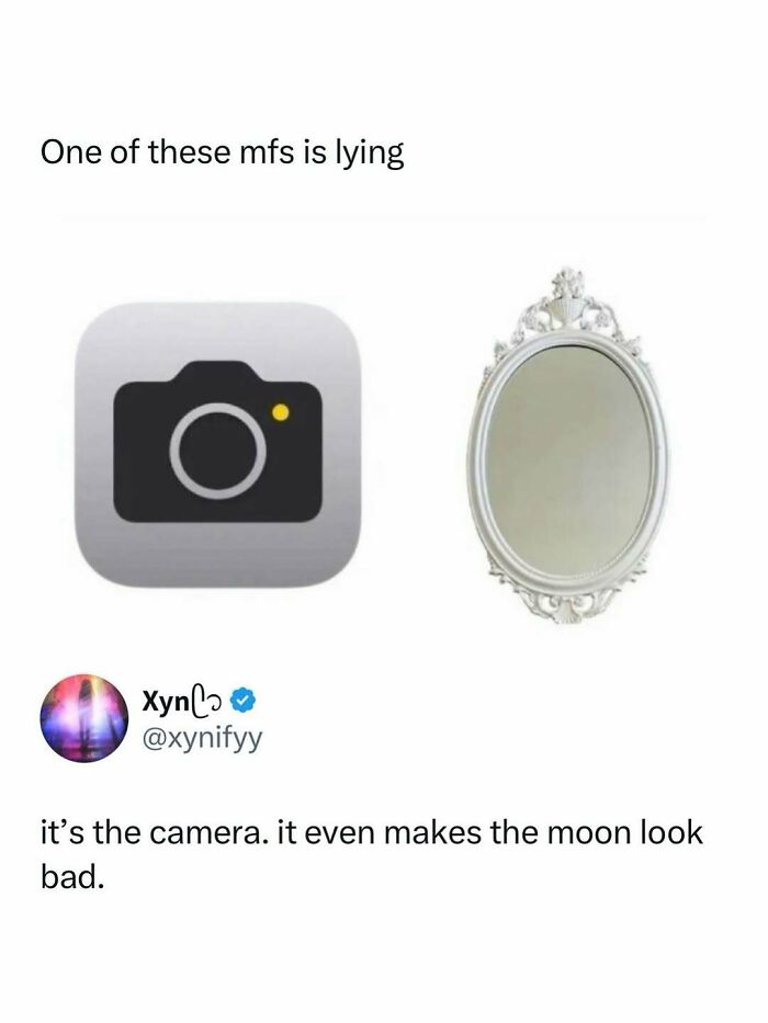 Funny meme comparing a camera icon and a mirror with a humorous comment, perfect for entertaining posts to fight boredom.