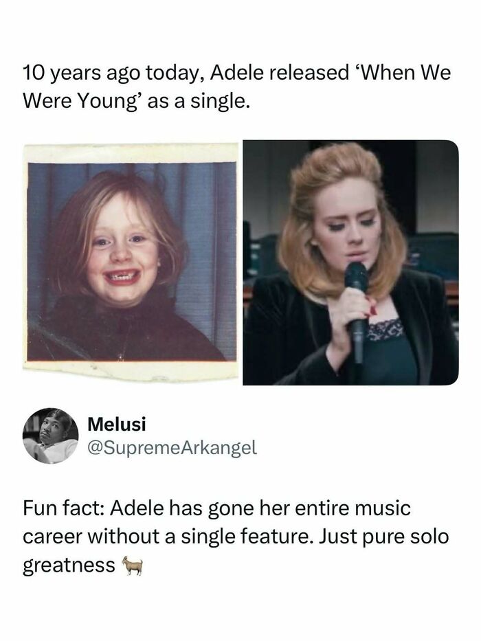 Side-by-side photos of Adele as a child and adult, shared in entertaining posts and memes to fight boredom.