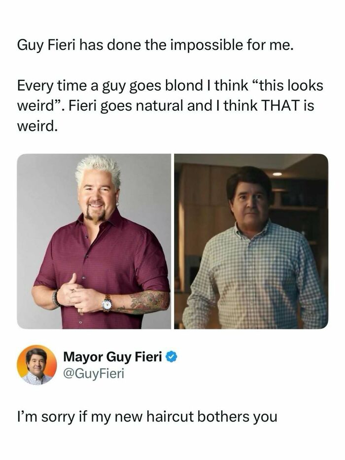 Guy Fieri meme comparing his blond hair and natural look, featured in entertaining posts and memes to fight boredom.