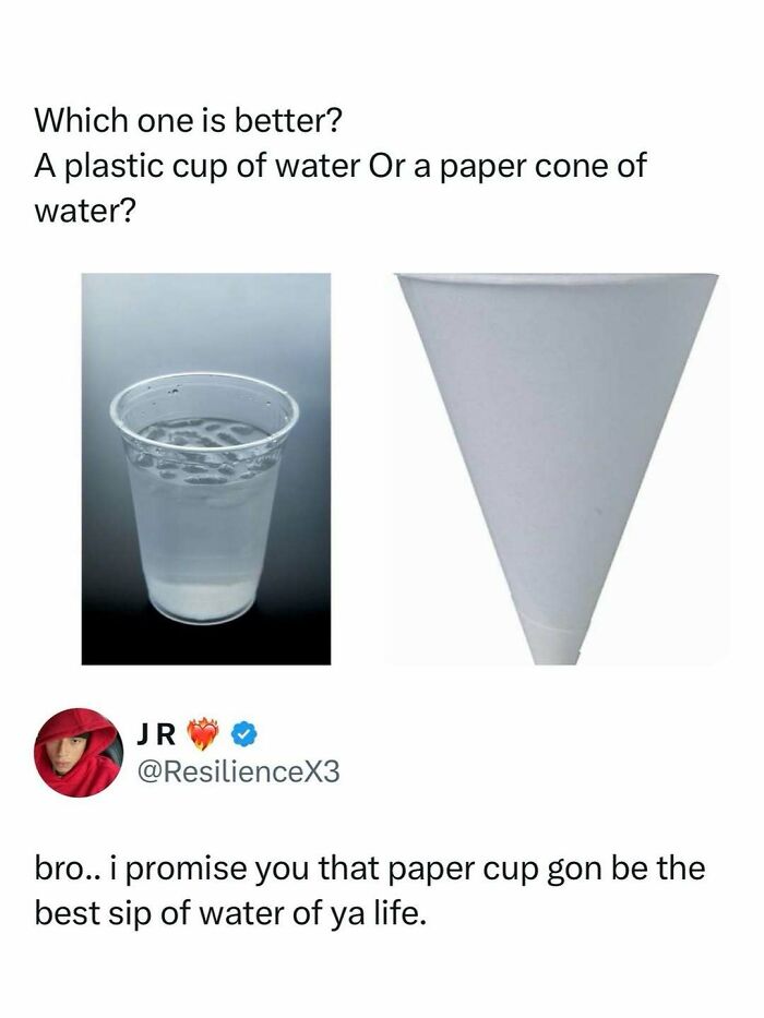Comparison of a plastic cup and a paper cone of water with a humorous caption in entertaining posts and memes.