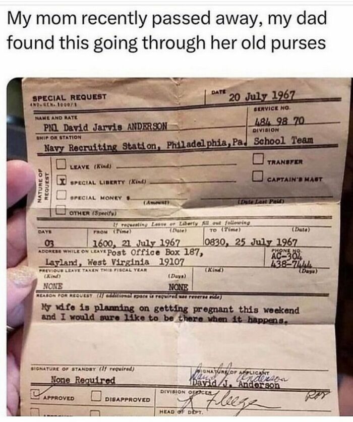 Old military leave request document found in purse, showing a humorous personal note, part of random memes collection.