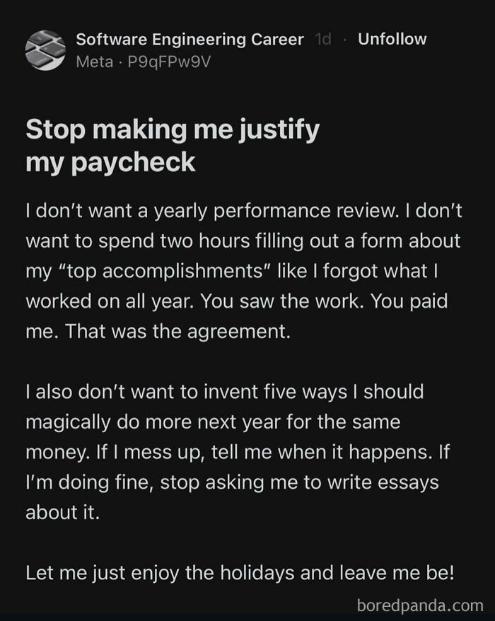 Meme about work frustrations, refusing to justify paycheck or yearly review, capturing relatable work humor.