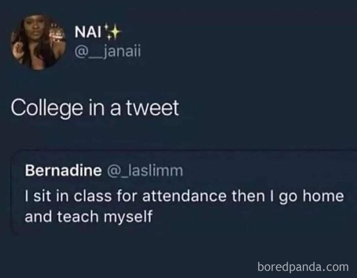 Screenshot of a humorous tweet about college and self-teaching, part of memes highlighting humor as medicine.
