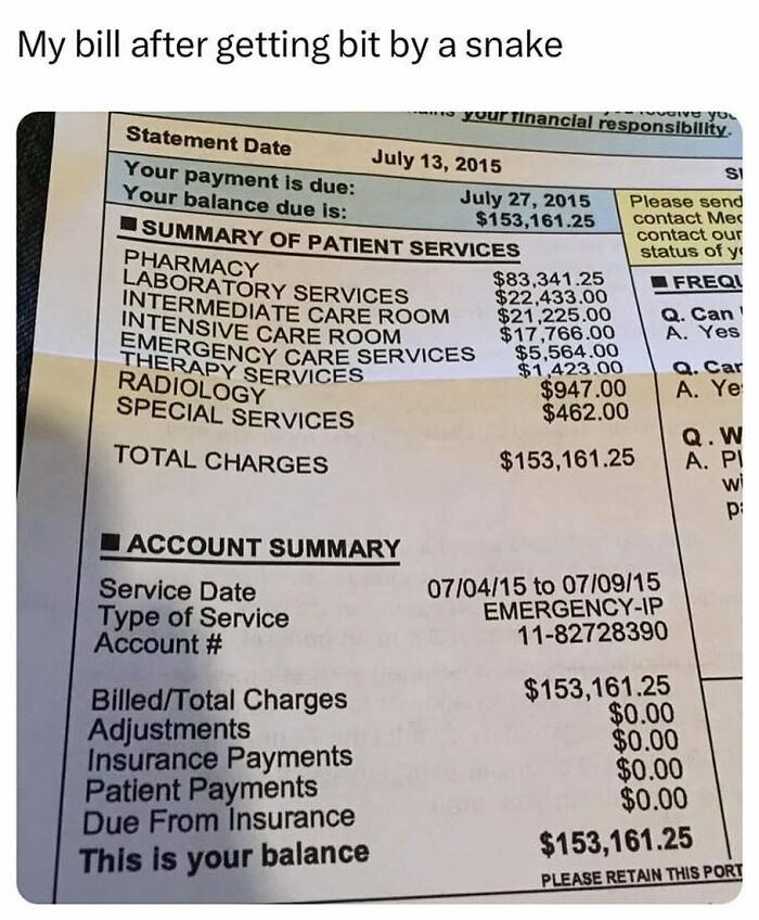Medical bill showing an outrageous $153,161.25 charge, part of random memes that had no right to be this funny.