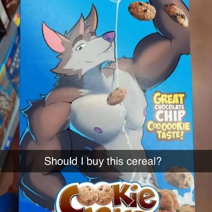 Anthropomorphic muscular wolf pouring milk on chocolate chip cookie cereal with caption about buying cereal.