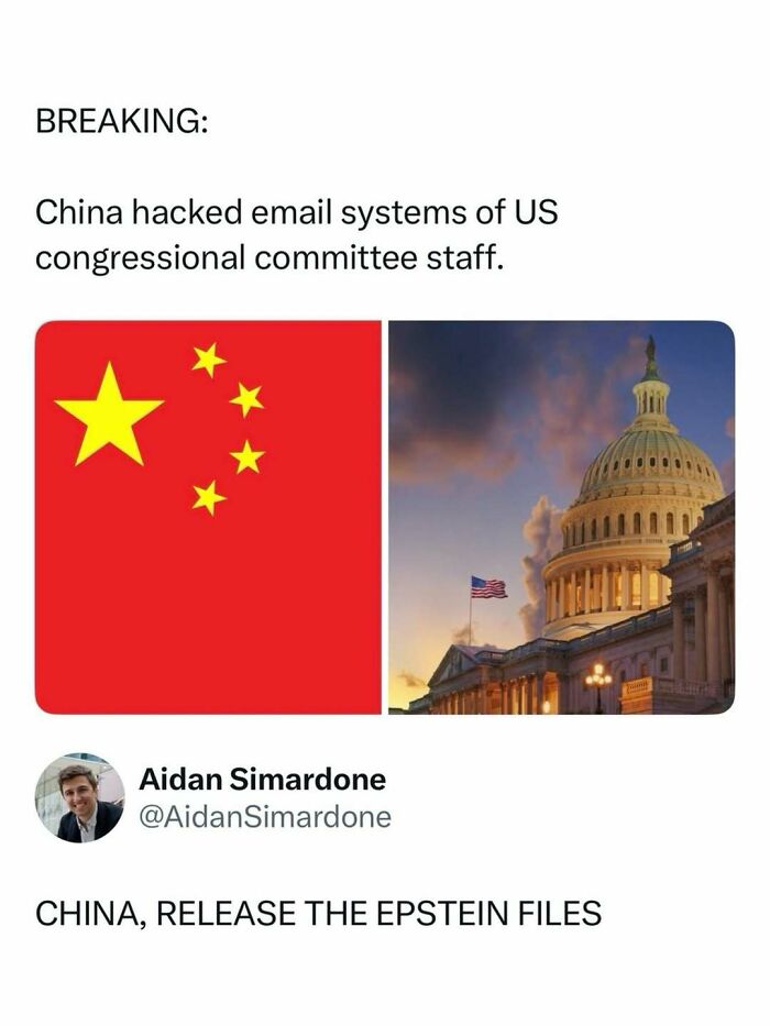 Meme about China hacking US congressional emails with China flag and US Capitol building, entertaining post to fight boredom.